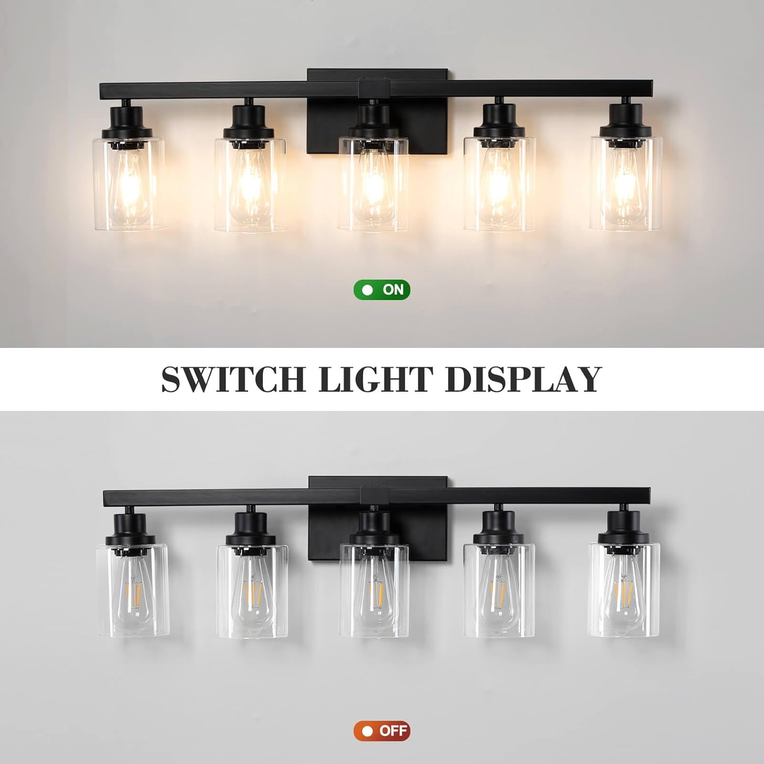 5-Light Black Bathroom Vanity Light, Modern Vanity Lighting Fixture for Bathroom, 31" Matte Light Fixture, Wall Sconces with Clear Glass Shade, Black Bathroom Wall Light Over Mirror - Grand Goldman