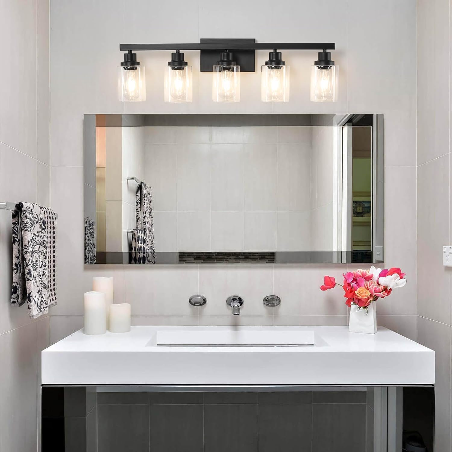 5-Light Black Bathroom Vanity Light, Modern Vanity Lighting Fixture for Bathroom, 31" Matte Light Fixture, Wall Sconces with Clear Glass Shade, Black Bathroom Wall Light Over Mirror - Grand Goldman