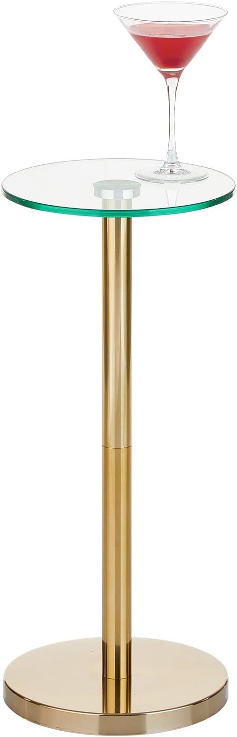 mDesign Glass Top Side/End Drink Table - Small Modern Round Accent Metal Nightstand Furniture for Living Room, Dorm, Home Office, and Bedroom - 9" Round - Clear/Soft Brass