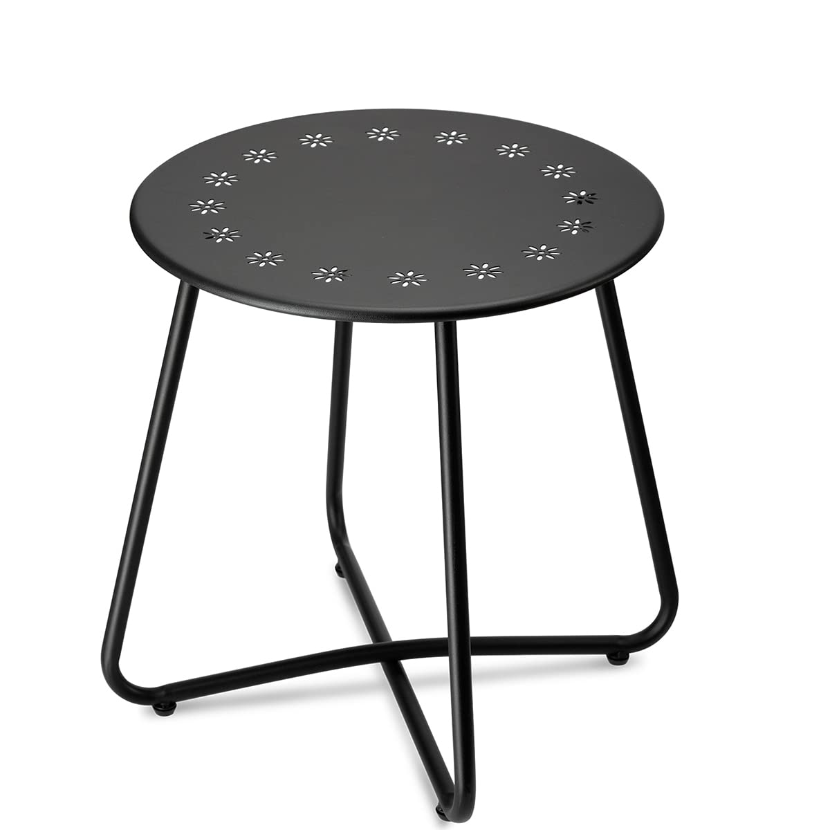 danpinera Outdoor Side Tables with Flower Cut Outs, Weather Resistant Steel Patio Side Table, Small Round Outdoor End Table Metal Side Table for Patio Yard Balcony Garden Navy Blue
