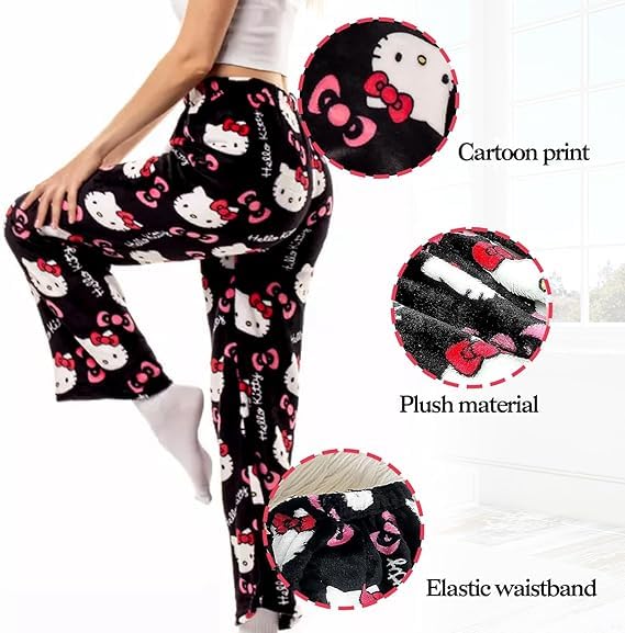 Anime Pajama Pants Women Cute Cat PJS Fluffy Flannel Sleep Bottoms