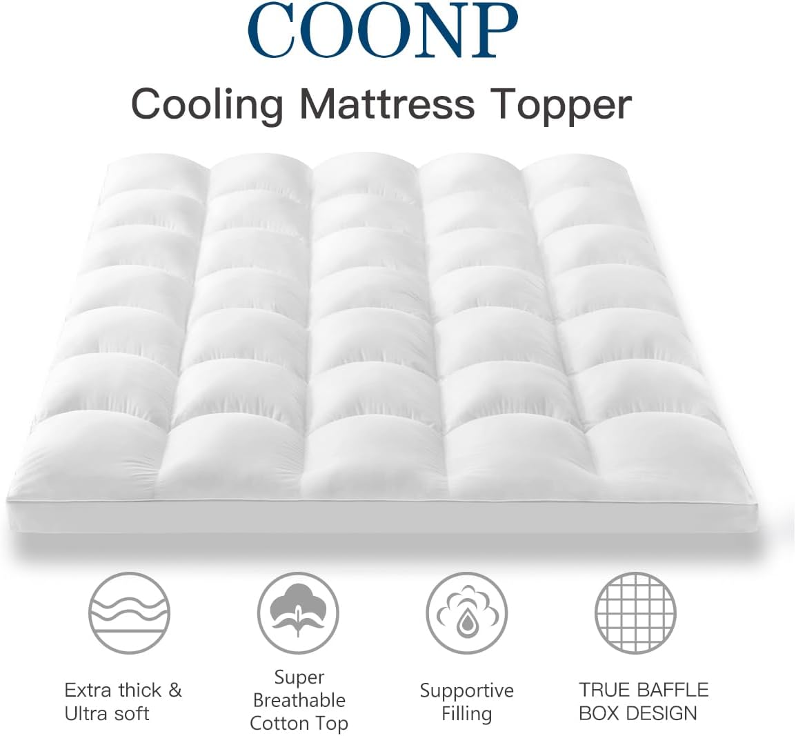 COONP Queen Mattress Topper, Extra Thick Pillowtop, Cooling and Plush Mattress Pad Cover Cotton Top Bed Topper Protector with 8-21 Inch Deep Pocket