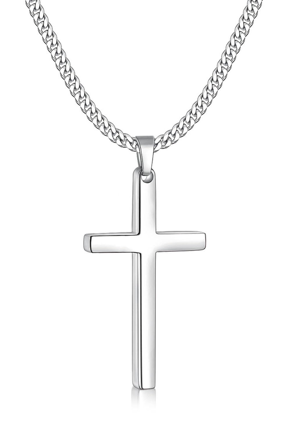 Fiusem Silver Tone Cross Necklace for Men, Mens Cross Necklaces with 3.5mm Chain and Stainless Steel Pendant, Cuban Chain 16-24 Inches