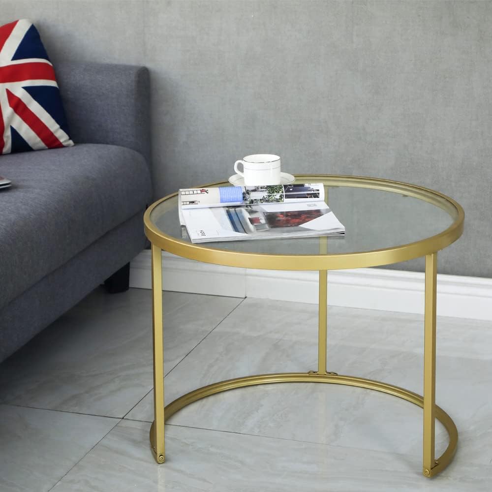 Gold Nesting Coffee Table Set of 2, Small Glass Nesting Tables for Living Room Bedroom, Accent Tea Table with Metal Frame
