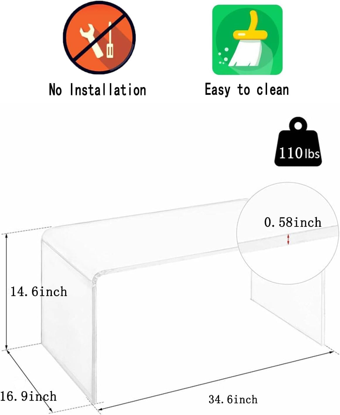 Acrylic Thick Coffee Table for Living Room. 34" Modern Minimalist Rectangular and Clear End Table.Easy to Clean and Safe Rounded Edges (16.9" D x 34.6" W x 14.6" H)