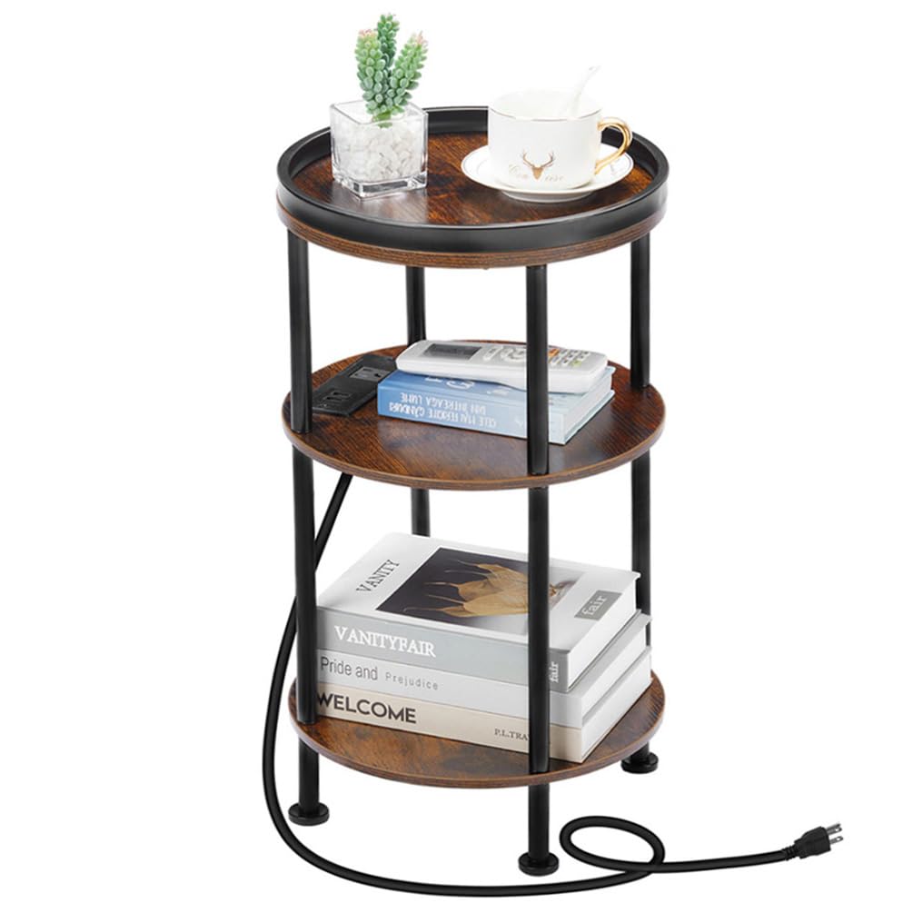 Small Round Side Table for Small Spaces, 3-Tier Round Accent Table Slim Side Table, Modern Sofa Corner Table for Living Room Nightstand Bedroom (Rustic Brown)