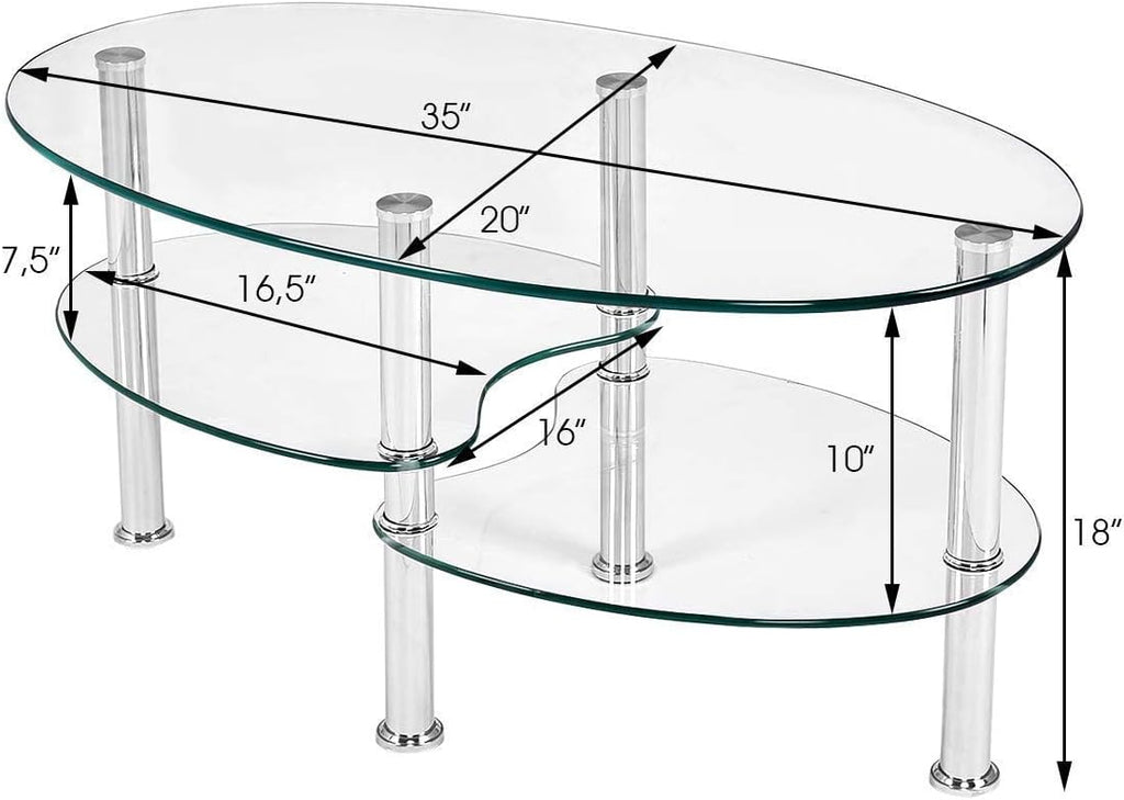 S AFSTAR Glass Coffee Table, 3-Tier Modern Oval Smooth Glass Tea Table Center Table End Table with Open Storage Shelf,Sturdy Steel Legs for Living Room,Home,Office,Cocktail Tea Table (Clear)