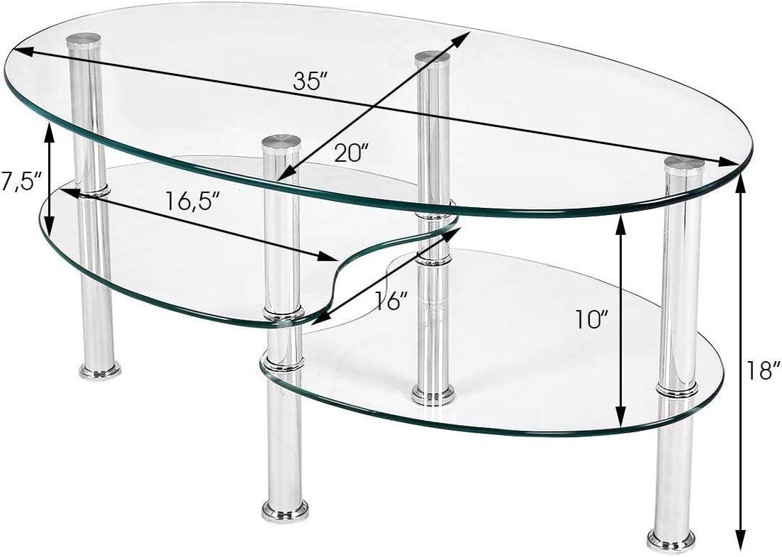 S AFSTAR Glass Coffee Table, 3-Tier Modern Oval Smooth Glass Tea Table Center Table End Table with Open Storage Shelf,Sturdy Steel Legs for Living Room,Home,Office,Cocktail Tea Table (Clear)