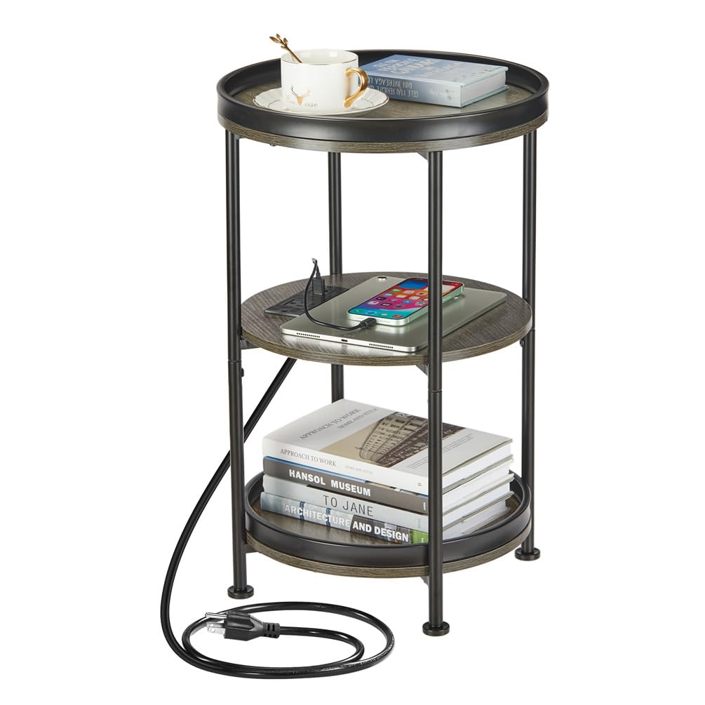 Dulcii Side Table, Round End Table with 3 Storage Shelves for Living Room, Bedroom, Nightstand with Steel Frame for Small Spaces, Industrial Round Sofa Table, Outdoor Accent Coffee Table, Rustic Brown