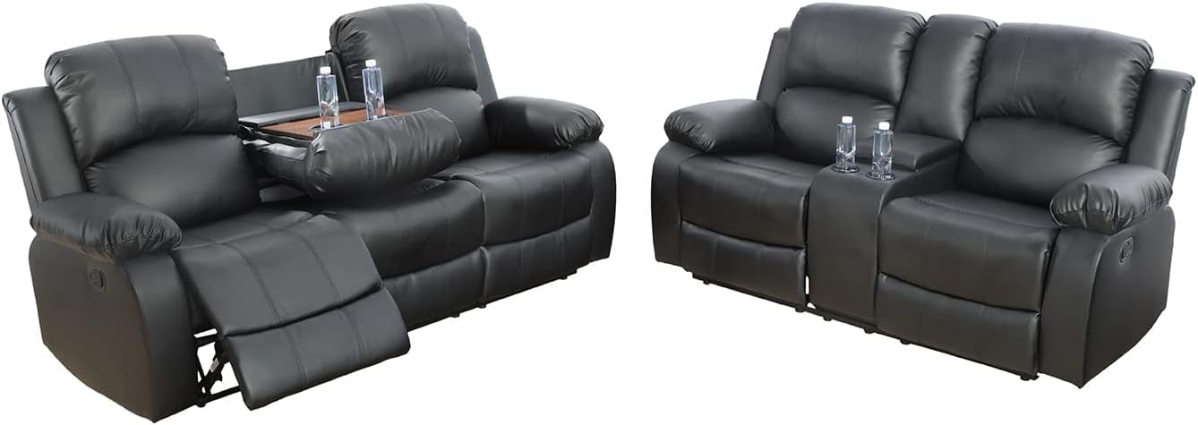 Bonded Leather Living Room Furniture Set Reclining Sofa Set Loveseat Furniture Sets in Living Room Sofa Recliners (3 Pieces, Brown)