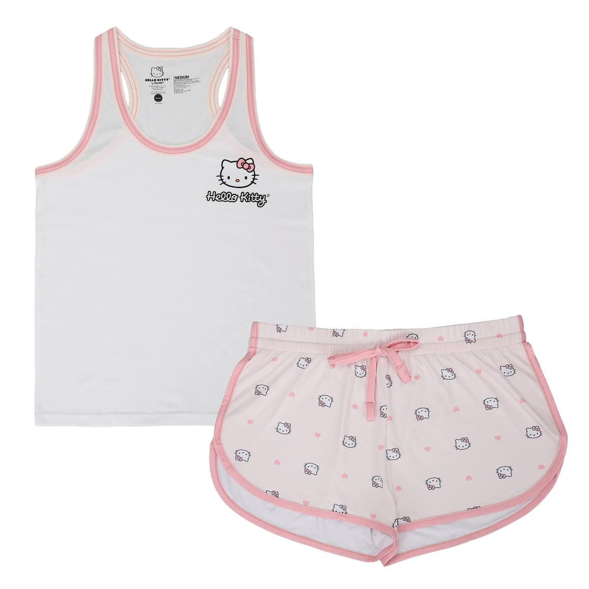 Bioworld Hello Kitty Character Hearts Women's Racer Back Tank Top & AOP Dolphin Lounge Shorts Sleepwear Set-Large White