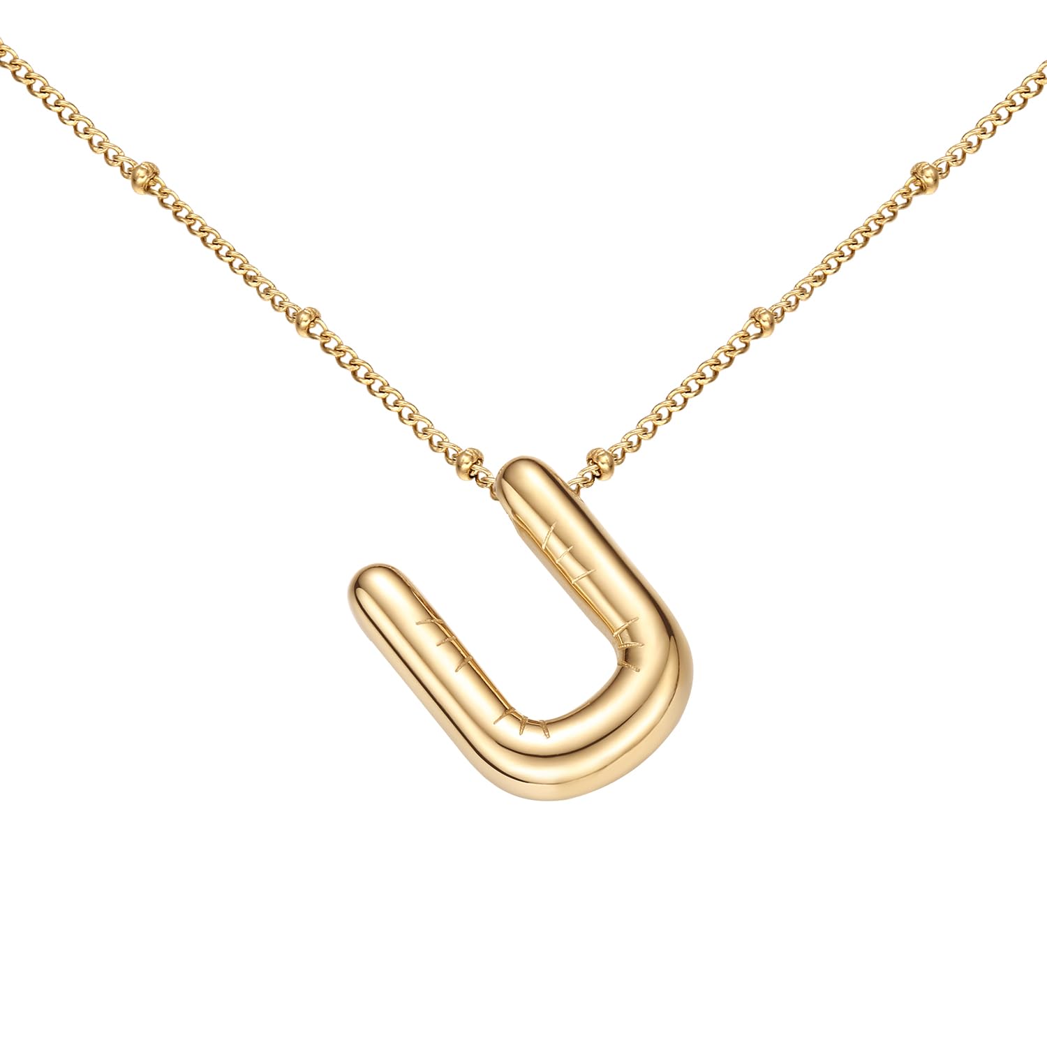 BOLAGTIER Bubble Letter Necklace Gold Plated Balloon Initial Chunky Bubble Alphabet Pendant Necklace Trendy Jewelry Gift for Women (U, Gold)