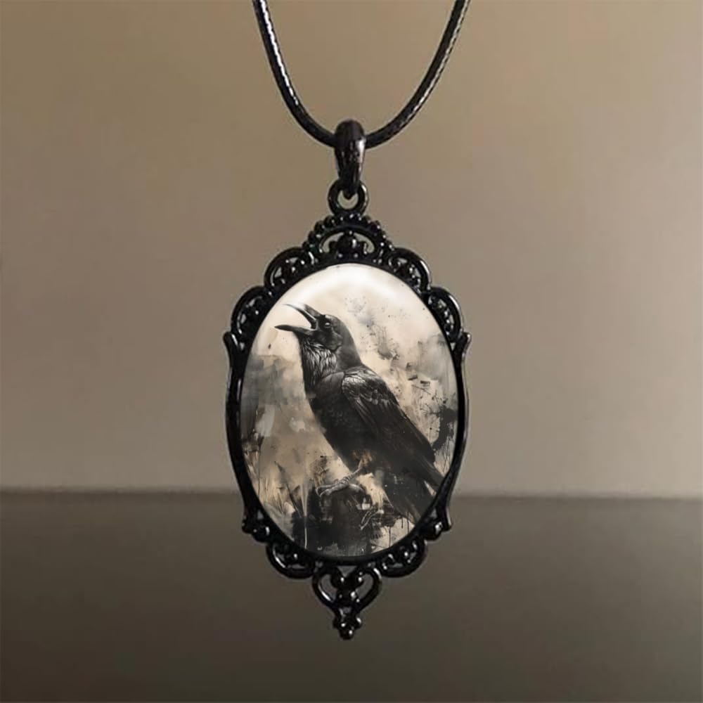 YWMAN Goth Raven Cameo Necklace Set Vintage Gothic Crow Cross Pendant Halloween Witch Costume Accessories Women Chocker Jewelry Gift