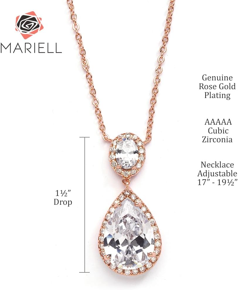 Mariell Cubic Zirconia Bridal Necklace, Bold Teardrop Design, Pendant Necklace for Weddings, Brides, Prom, Homecoming and Mother of The Bride