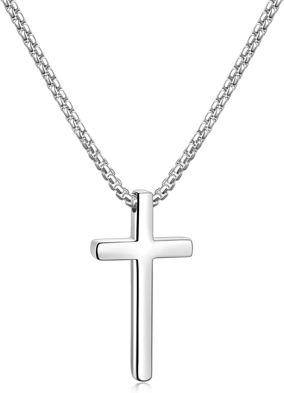Fiusem Cross Necklace for Men, Silver/Gold/Black Mens Cross Necklaces with 2.5mm Cross Chain and Stainless Steel Cross Pendant, Box Chain 16-24 Inch
