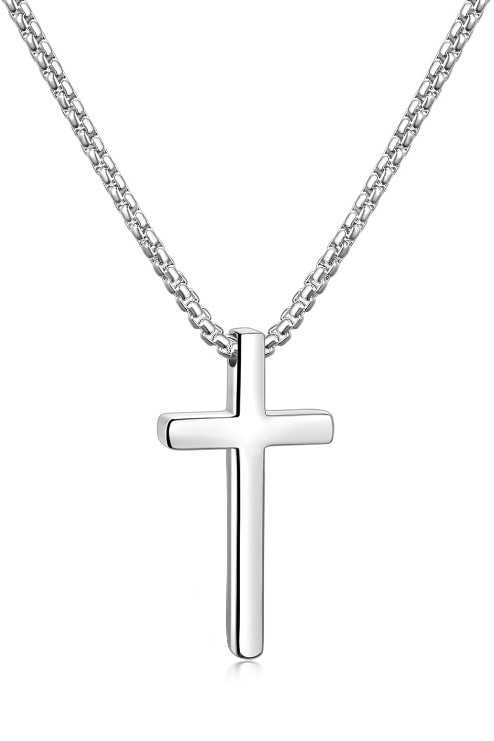 Fiusem Cross Necklace for Men, Silver/Gold/Black Mens Cross Necklaces with 2.5mm Cross Chain and Stainless Steel Cross Pendant, Box Chain 16-24 Inch