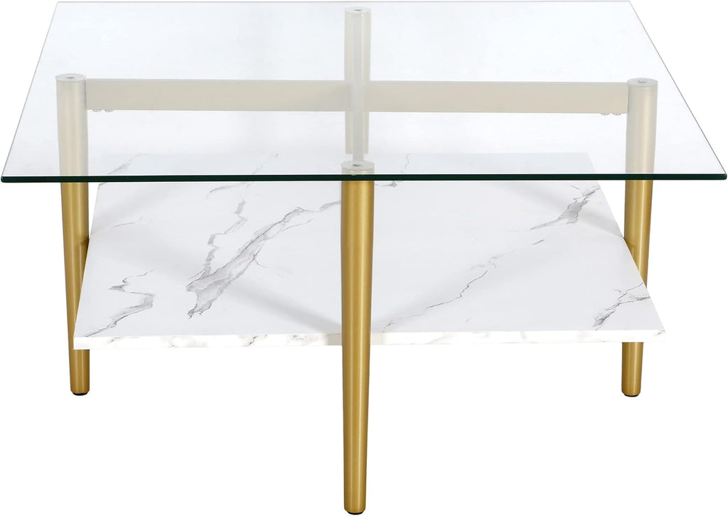 Otto 32" Wide Square Coffee Table with Faux Marble Shelf in Brass