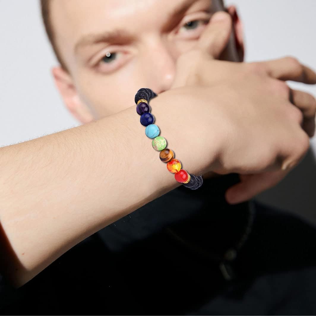 14 Pcs Lava Rock 7 Chakra Energy Oil Diffuser Bracelet Set for Women Men Unisex Elastic 8mm Stone Yoga Beaded Bracelets Jewelry With Lucky Healing