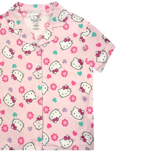 Hello Kitty Girls Pajama Set - 2 Piece Cozy Girls Pjs with Button Down Short Sleeve & Shorts For Kids - Official Product Light Pink