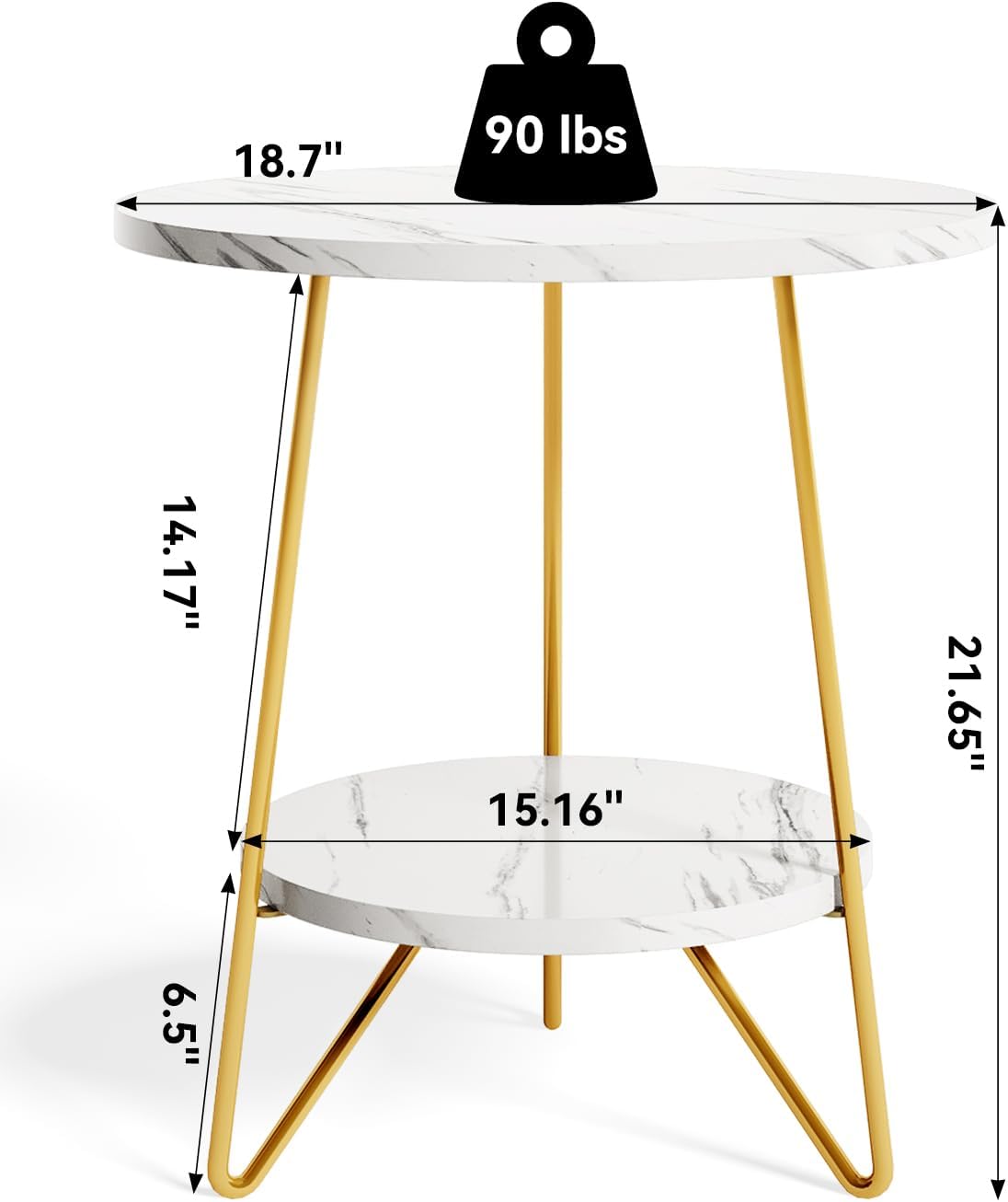 LITTLE TREE 2 Tier Faux Marble End Table Round Side Table with Shelves Small Coffee Accent Table for Living Room, White and Gold