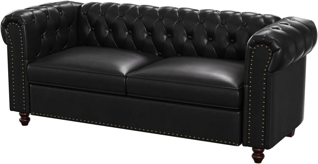 72 Inch Black Sofa, Chesterfield Faux Leather Couch with Wooden Legs, Tufted Leather Sofa with Rolled Arms, Mid Century Modern Couch with Rivets for Living Room, Apartment, Office