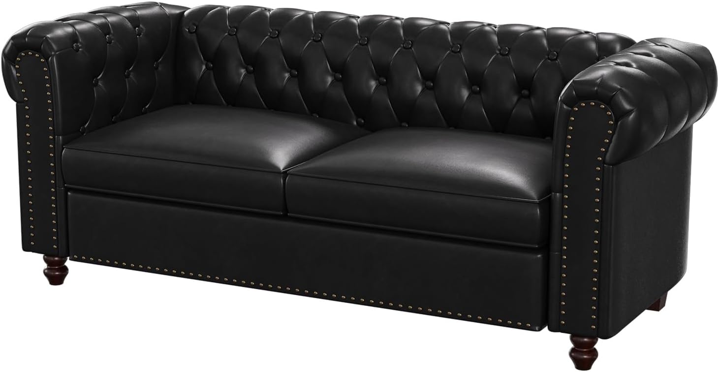 72 Inch Black Sofa, Chesterfield Faux Leather Couch with Wooden Legs, Tufted Leather Sofa with Rolled Arms, Mid Century Modern Couch with Rivets for Living Room, Apartment, Office