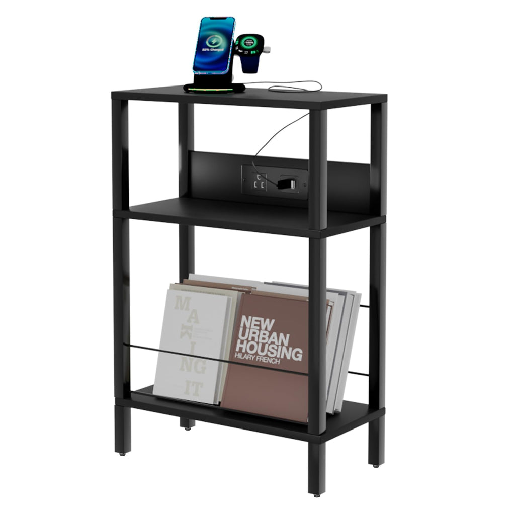 Side Table with Charging Station and Drawer, Narrow End Table with USB Ports and Outlets for Small Space, Living Room, Bedroom and Office, with 4 Wheels (1, Rustic Brown + Black)