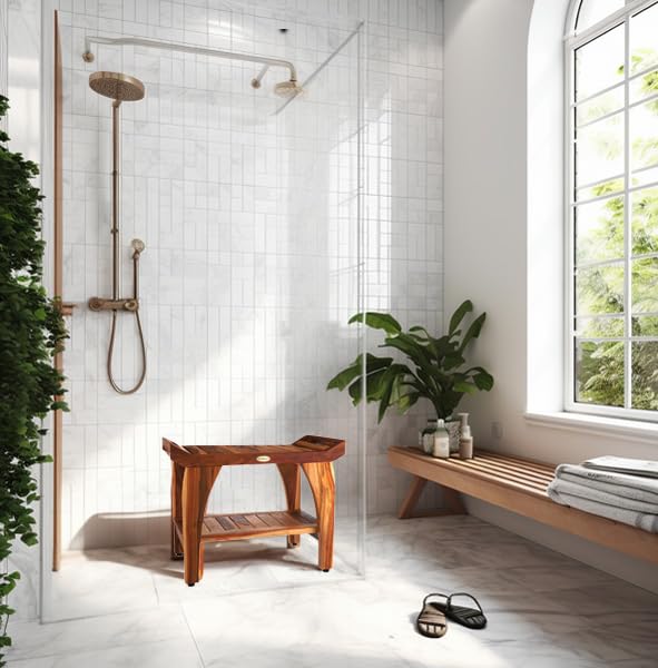 EcoDecors 24 Inch Tranquility Natural Color Waterproof Teak Wood Shower Bench Stool Seat Chair For Inside Shower Storage Shelf Provides Safety, Storage, and Organization For Bathroom Accessories