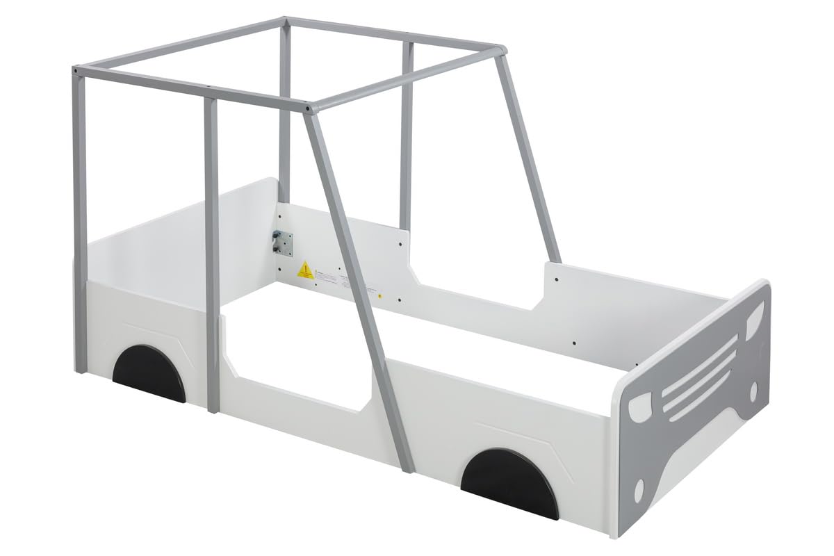 JYH Twin Size Bil Seng med Tag, Montessori Inspireret Træ Twin Gulvseng med Hjul & Dør Design, Platformseng til Drenge Piger, Nem Samling & Ingen Boksmadras Nødvendig, Grå