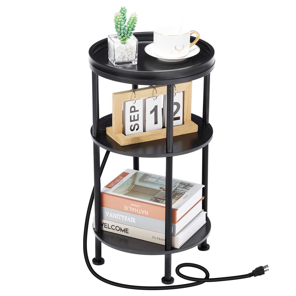 Small Round Side Table for Small Spaces, 3-Tier Round Accent Table Slim Side Table, Modern Sofa Corner Table for Living Room Nightstand Bedroom (Rustic Brown)