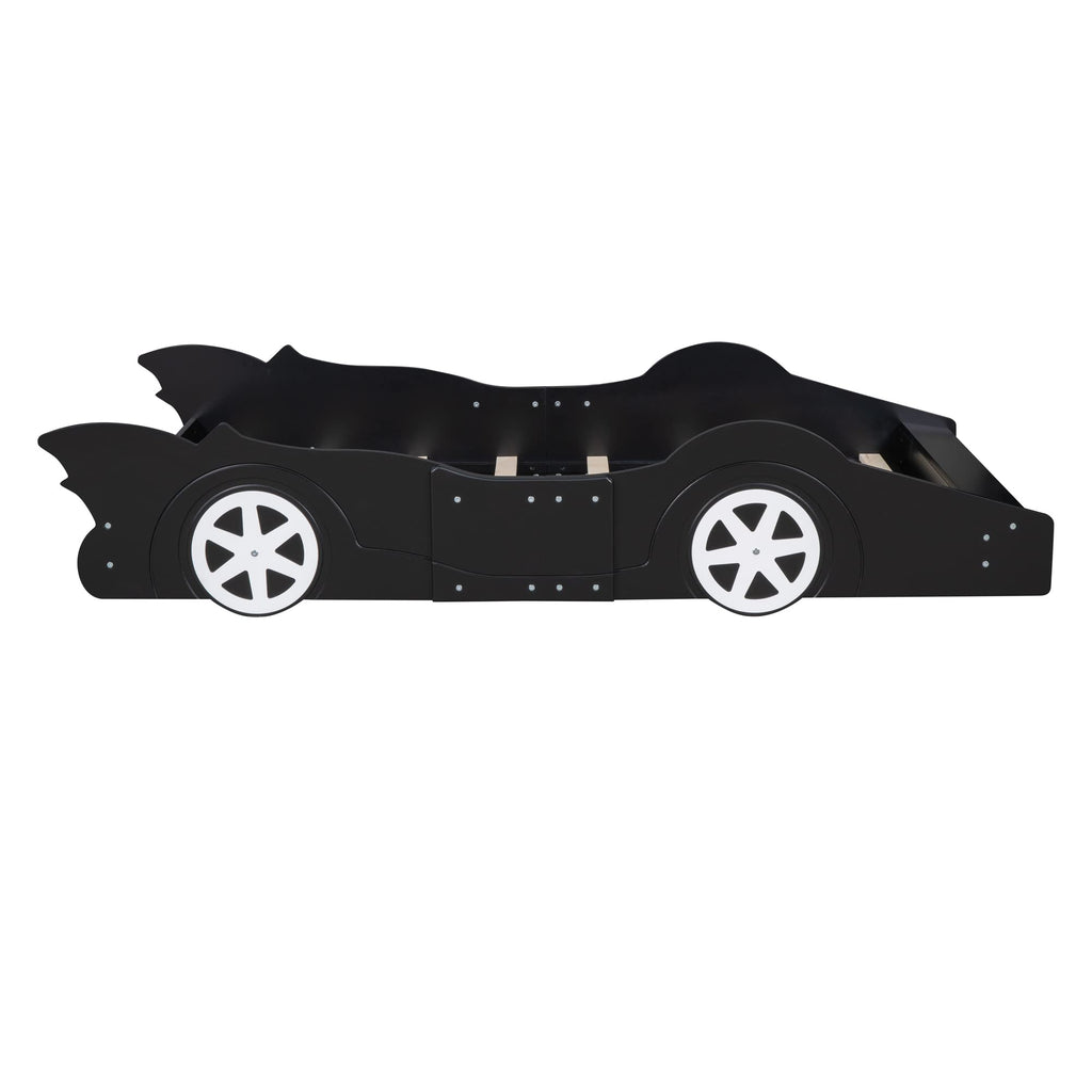 Harper & Bright Designs Twin-Size Plattformbett in Rennwagenform mit Rollen, Holzrahmen mit Stützlatten, Twin-Bodenbett für Kinder Jungen Mädchen Jugendliche, Schwarz
