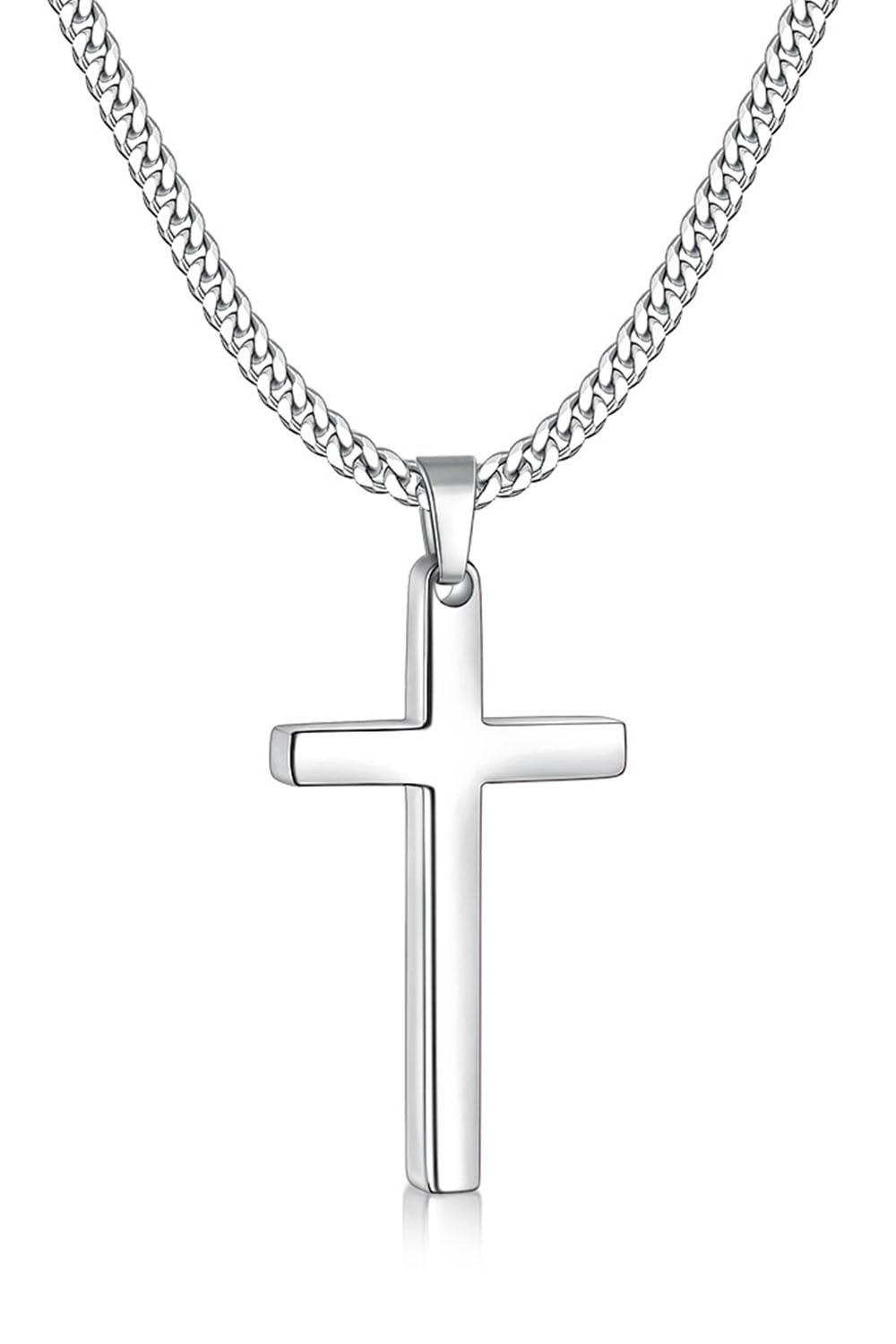 Fiusem Silver Tone Cross Necklace for Men, Mens Cross Necklaces with 3.5mm Chain and Stainless Steel Pendant, Cuban Chain 16-24 Inches