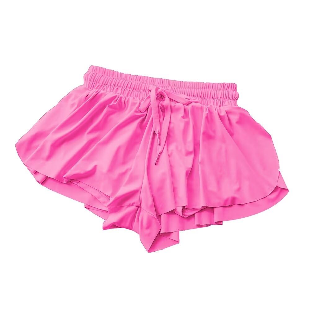 zqajuxg Girls Flowy Shorts with Spandex Liner,2 in 1 Butterfly Shorts Teen Girls with Pockets for Sports，Running，Athletic/Hot Pink/10-12 Years