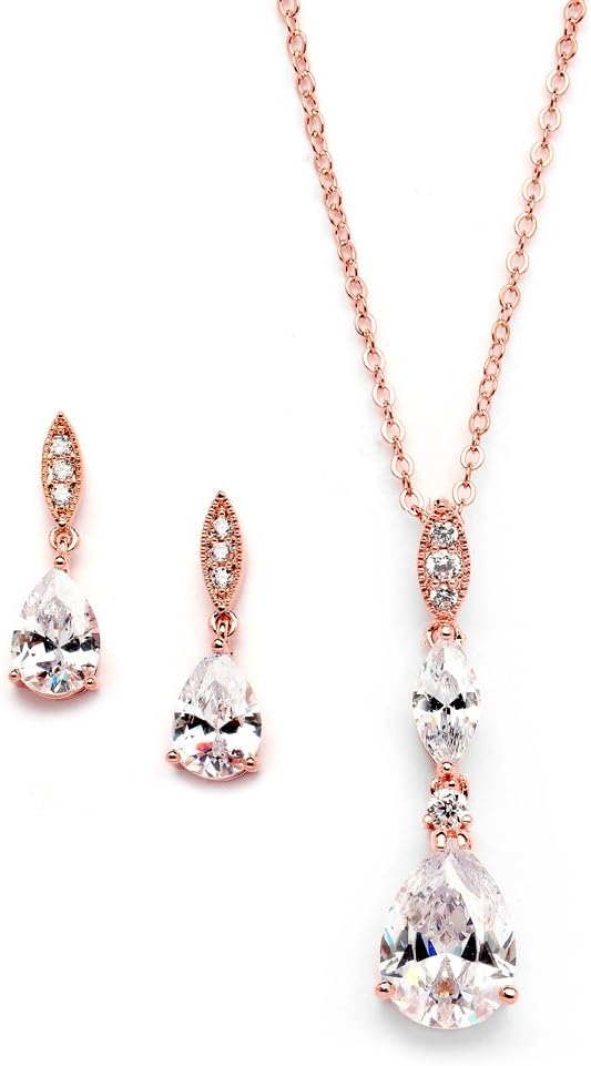Mariell Bridal Wedding Necklace Earrings Set, Rose Gold CZ Pendant and Drop Earring for Bride, Bridesmaid