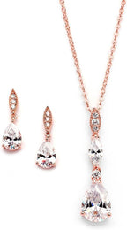 Mariell Bridal Wedding Necklace Earrings Set, Rose Gold CZ Pendant and Drop Earring for Bride, Bridesmaid