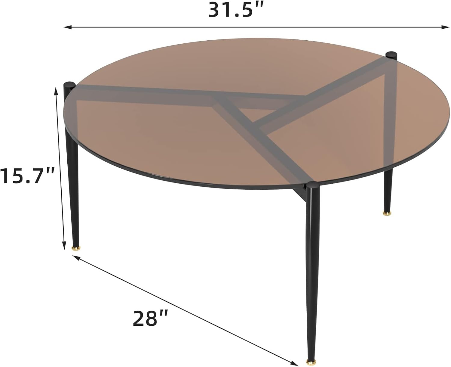 Round Tempered Glass Table 31.5 inch Large Circle Top Metal Frame Brown