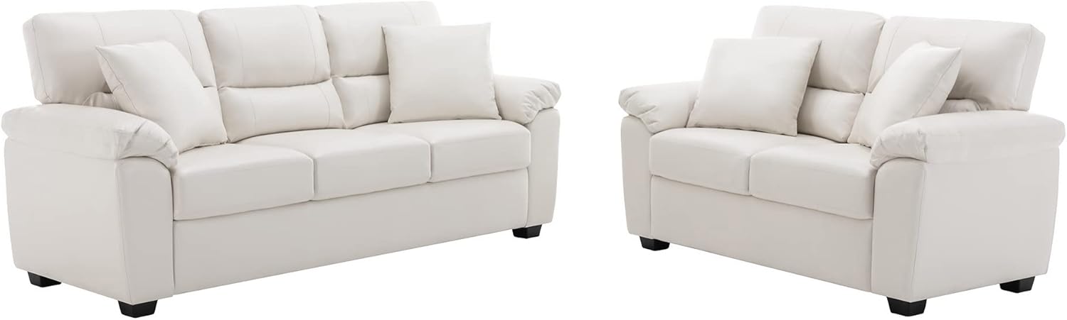 Morden Fort White Leather Love seat and Sofa Set, Modern Luxury and Comfy Furniture Sleeper Couches for Living Room, Apartment, Office, Lounge Room