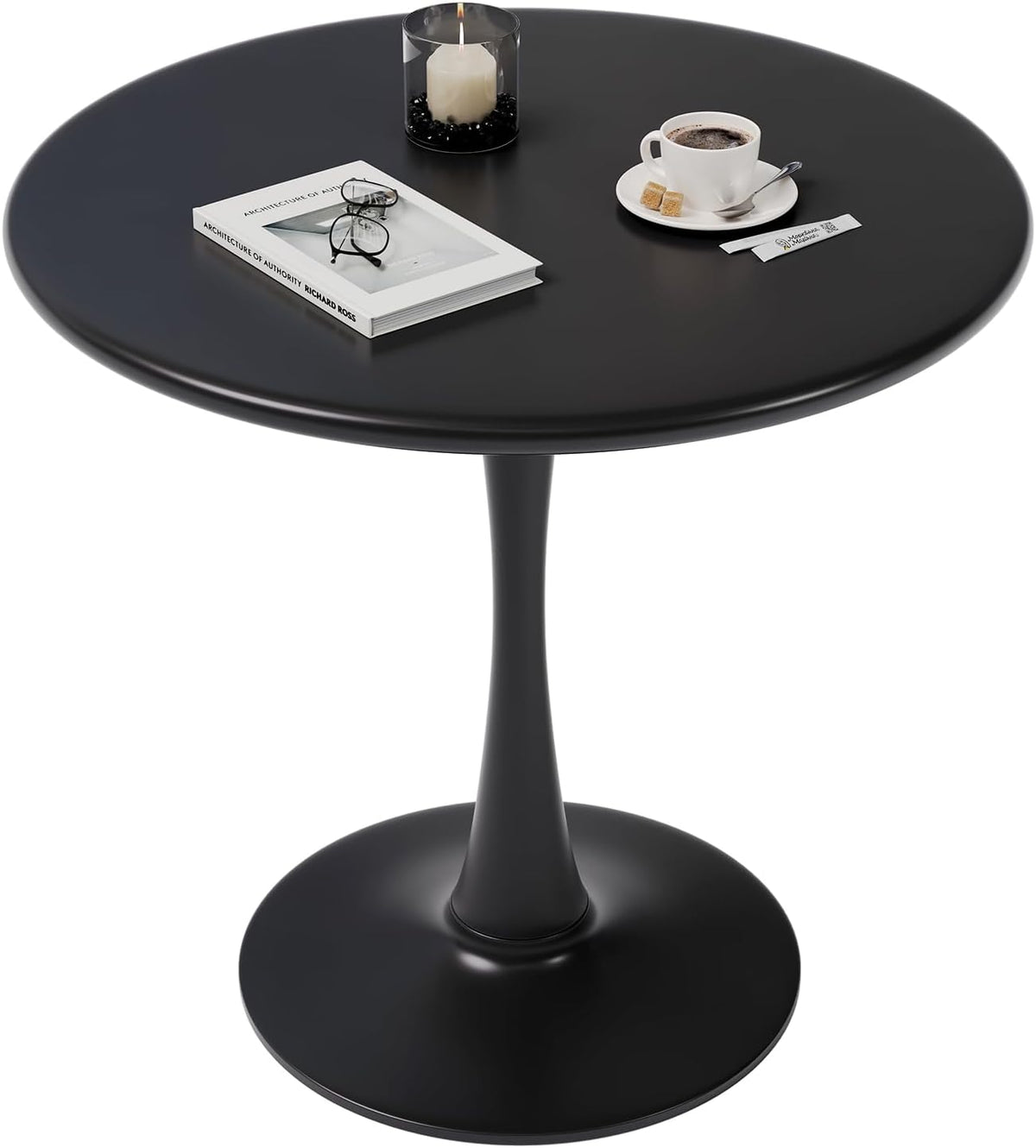 Black Small Tulip Table, 24 Inch Round Dining Table for 2 Person with Pedestal Base for Kitchen, Circle Bistro Table, Mid Century Modern Cafe Tables for Small Spaces in Living Room, Office, Pub, Bar