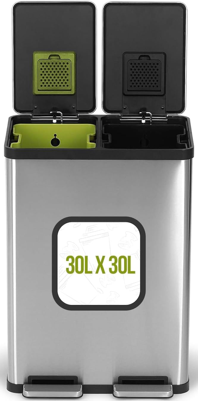SIMPLI-MAGIC 16 Gallon (60L) Elegant Black Step Trash Can – Dual Compartment Kitchen Garbage Can with Waste & Recycling Bins – Slow-Close Lid, Odor Control, Hands-Free, Premium Stainless Steel