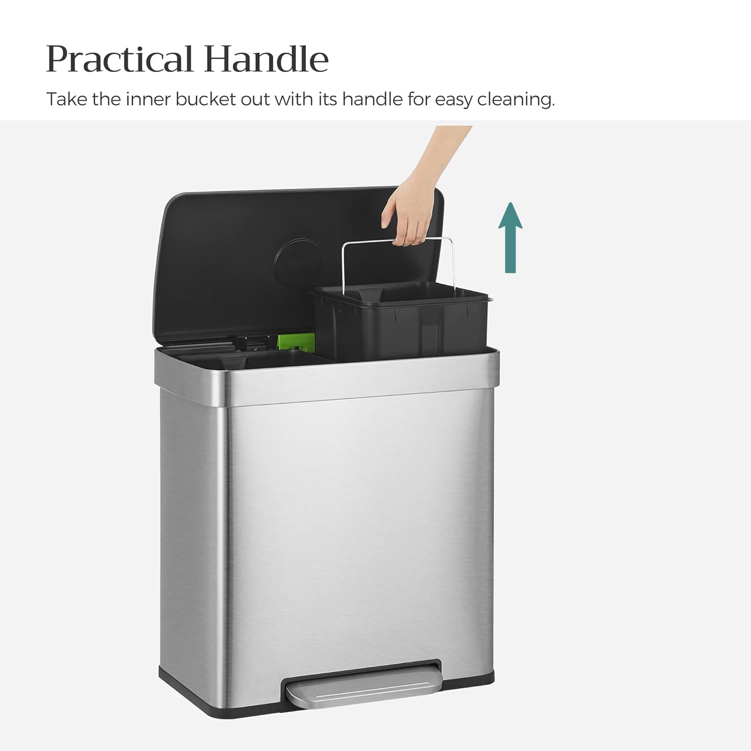 SONGMICS Kitchen Trash Can, 16 Gallon (2 x 8 Gallon) Dual Compartment Garbage Can, 60L Pedal Recycling Bin, Stays Open and Soft Close, Stainless Steel, 15 Bags Included, Metallic Silver ULTB202E01