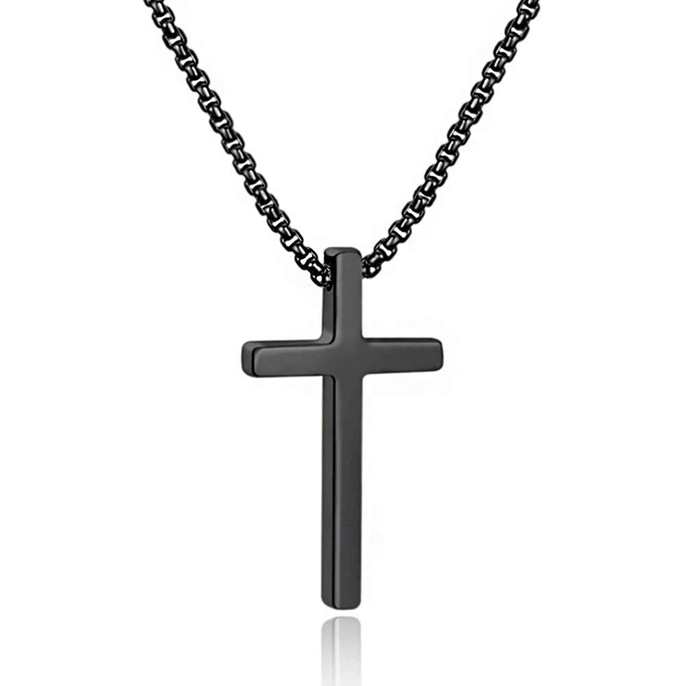 M MOOHAM Cross Necklace for Men, Silver Black Gold Stainless Steel Plain Cross Pendant Necklace for Men Box Chain 16-30 Inch