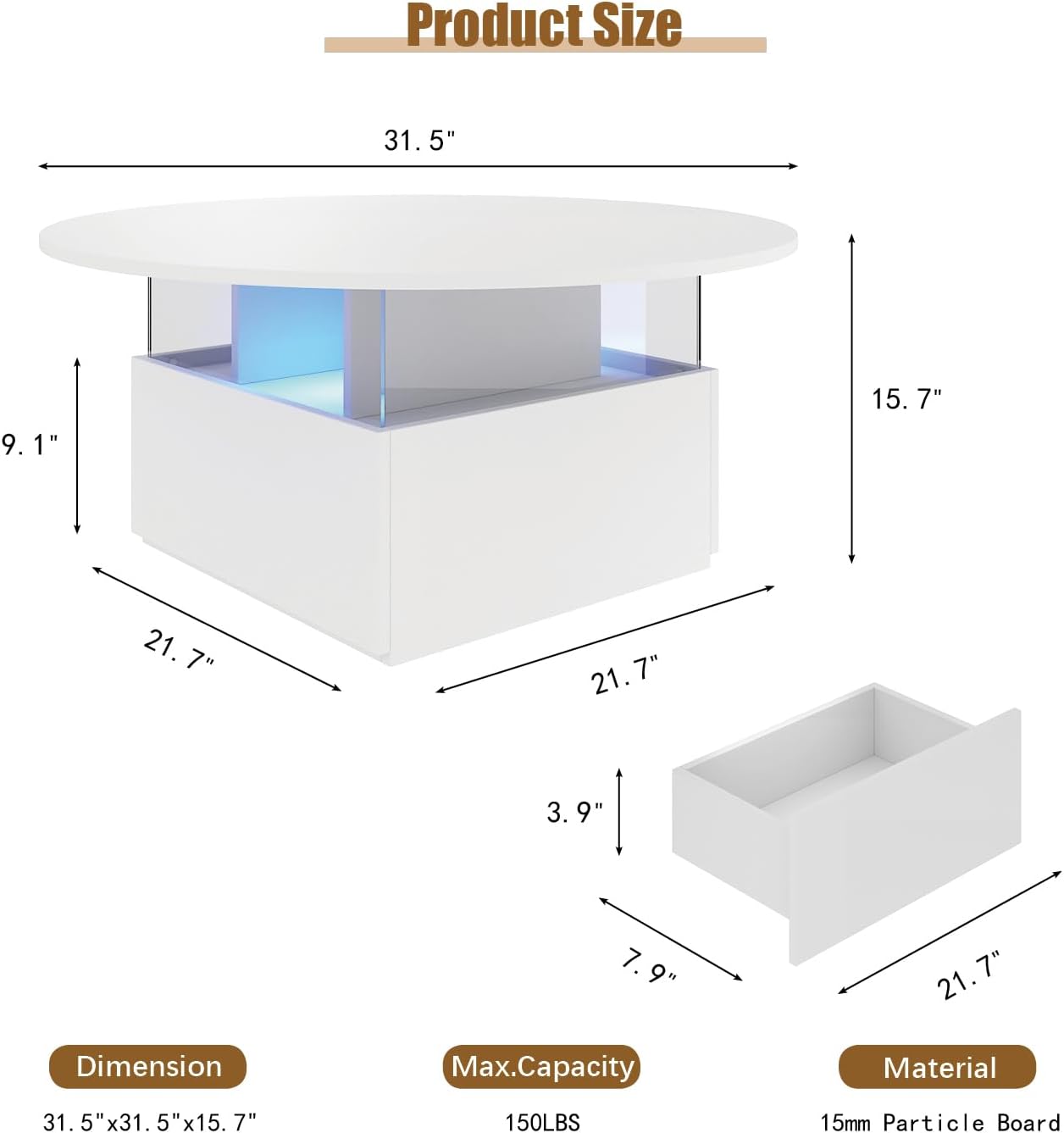 31.5" Round Coffee Table for Living Room, LED Modern Living Room Table with Storage, Square Acrylic Coffee Tables with 2 Sliding Drawers, Wood Center Table for Reception Dinning Room, White