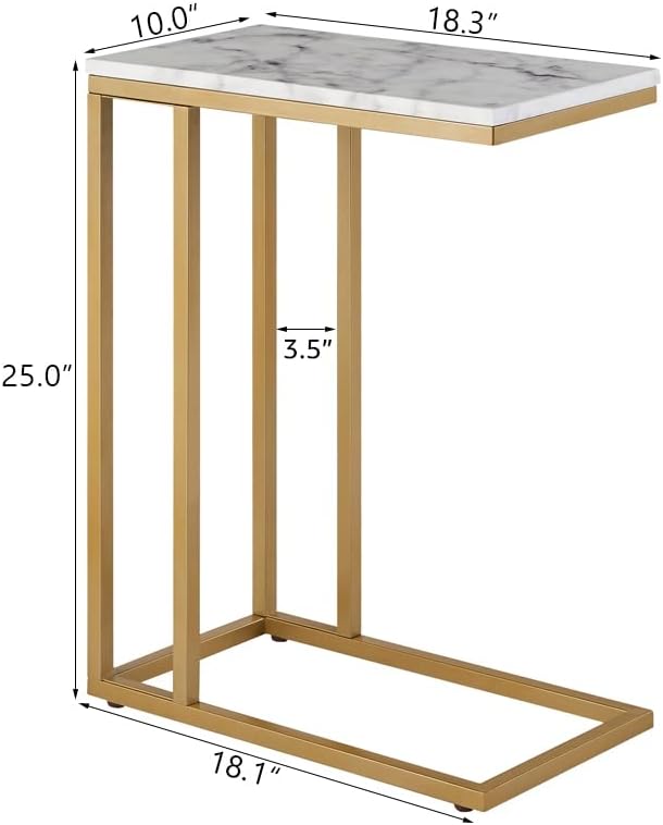 C-Shape Side End Table, Faux Marble Tray Snack Table with Metal Frame, Laptop Coffee Holder, Modern Furniture (Gold,2pcs)