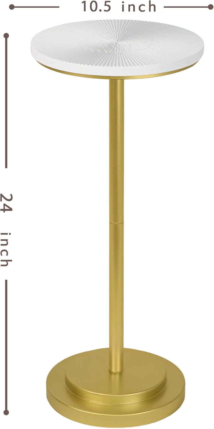 Drink Table, Carved Table Top Small Pdestal Martini SideTable for Living Room, Bedroom, Modern, Weighted Base, White and Gold