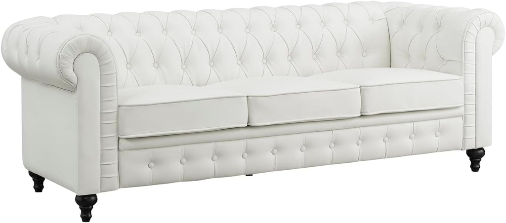 Naomi Home Emery Chesterfield Sofa with Rolled Arms, Tufted Cushions / 3 Seater Sectional Sofa Couch for Small Spaces, Living Room, Bedroom, Apartment Easy Tool-Free Assembly – Off White