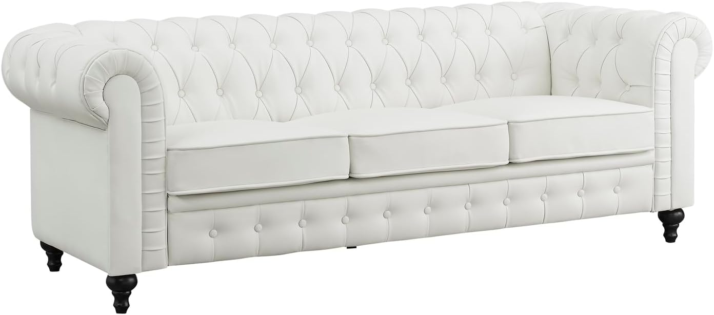 Naomi Home Emery Chesterfield Sofa with Rolled Arms, Tufted Cushions / 3 Seater Sectional Sofa Couch for Small Spaces, Living Room, Bedroom, Apartment Easy Tool-Free Assembly – Off White