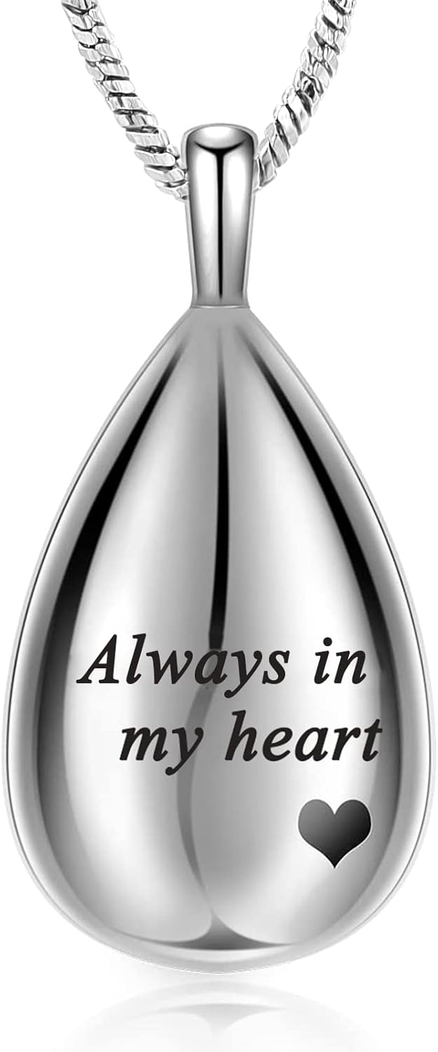 Yinplsmemory Carved Teardrop Keepsake Ashes Necklace Urn Pendant Cremation Memorial Jewelry-Always in my heart