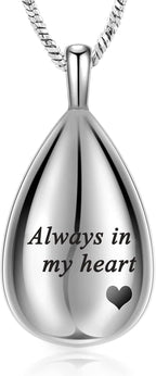 Yinplsmemory Carved Teardrop Keepsake Ashes Necklace Urn Pendant Cremation Memorial Jewelry-Always in my heart