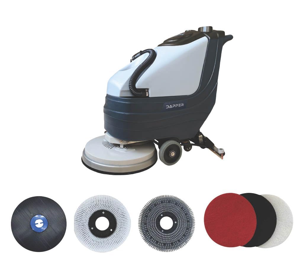 Battery Powered Walk Behind Floor and Carpet Scrubber Buffer Polisher Machine, 16" Brush, 21.5" Squeegee Width, 6.5 gal Tank, Brush Speed 200 RPM, Includes a Hard Brush Soft Brush and 3 Scouring pads