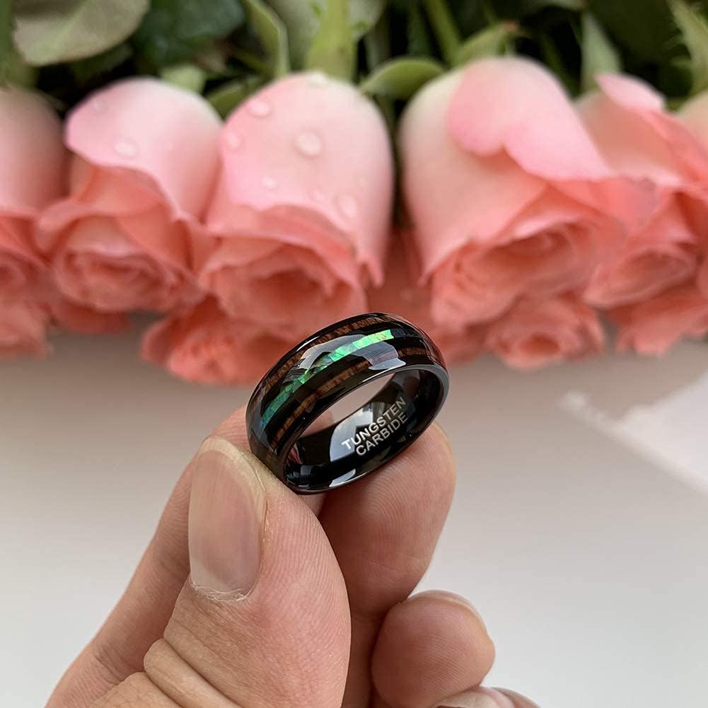 8mm Hawaiian Koa Wood Black Tungsten Carbide Rings Dome Double Grooved Abalone Shell Wedding Bands for Men Women Comfort Fit Size 5-14